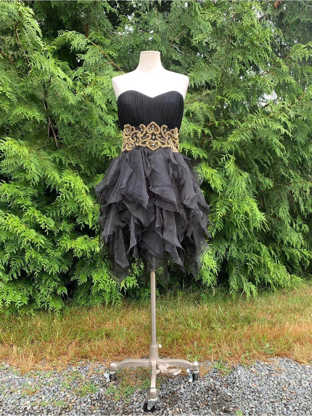 Strapless Black Party Dress with Gold Embellished Waist